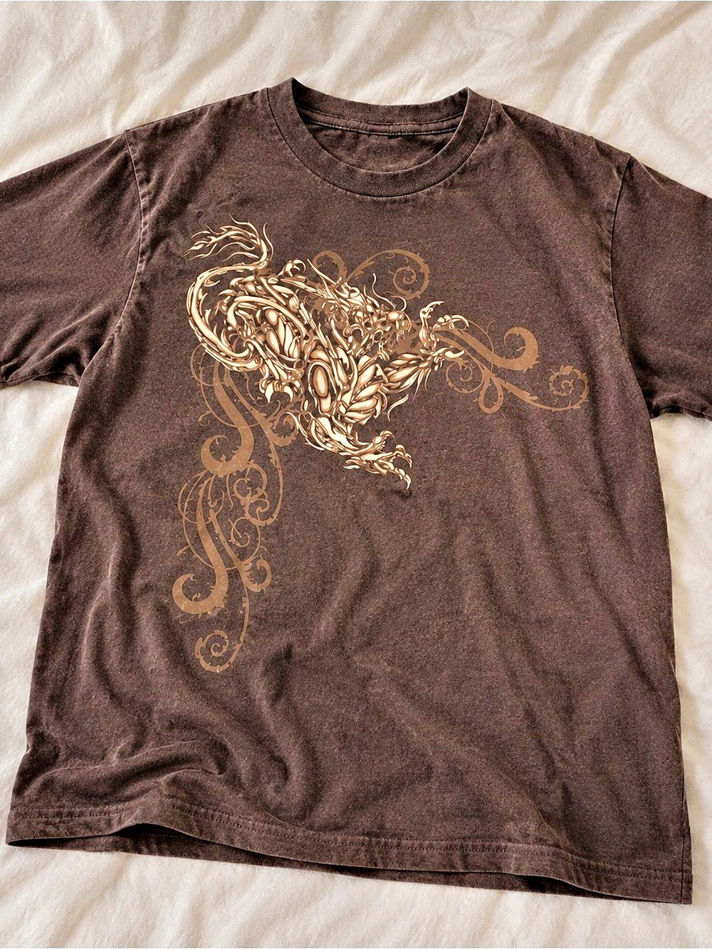 Dark Chocolate Intricate Floral Dragon Swirl Graphic Tee Gildan Reprint